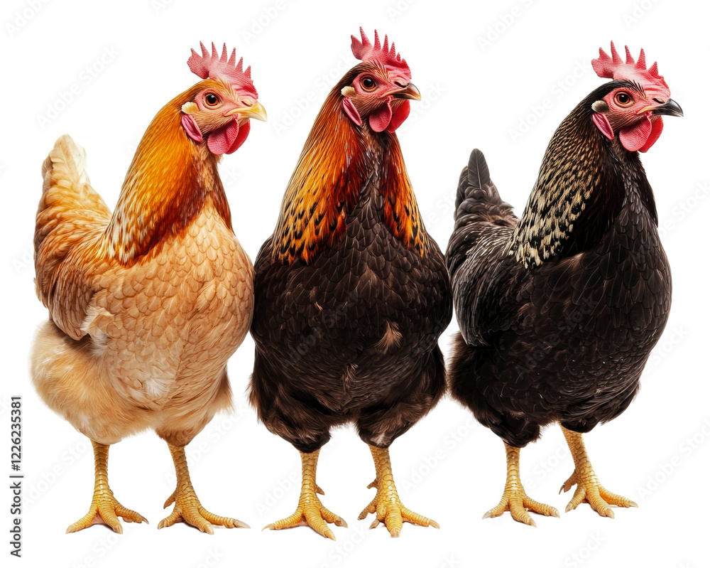 Fototapeta premium Colorful chickens on a farm isolated on transparent background