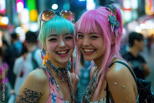Japanese girls with colorful hair wig on a street
