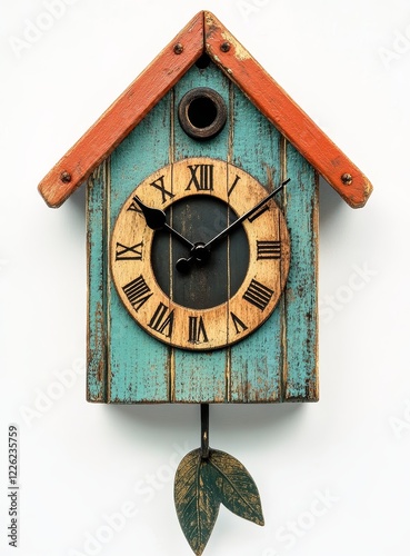 Rustic teal blue birdhouse cuckoo clock with orange roof, roman numerals, and leaf pendulum.