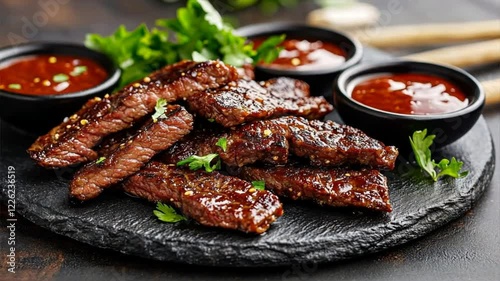 Gourmet grilled meat on stone platter with spicy sauce and fresh herbs, savory meal featuring beef and barbecue for exquisite food presentation.