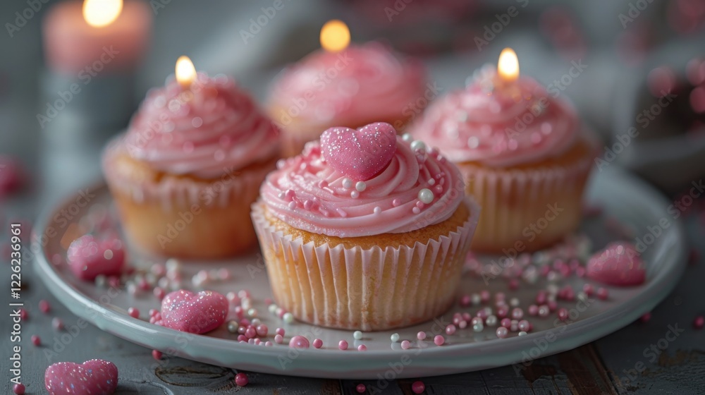 There are three cupcakes with pink frosting on a plate, love background, food background There are three cupcakes with pink frosting on a plate, love background, food background