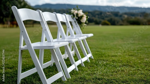 A row of white chairs set up on a grassy field, likely for an outdoor event.