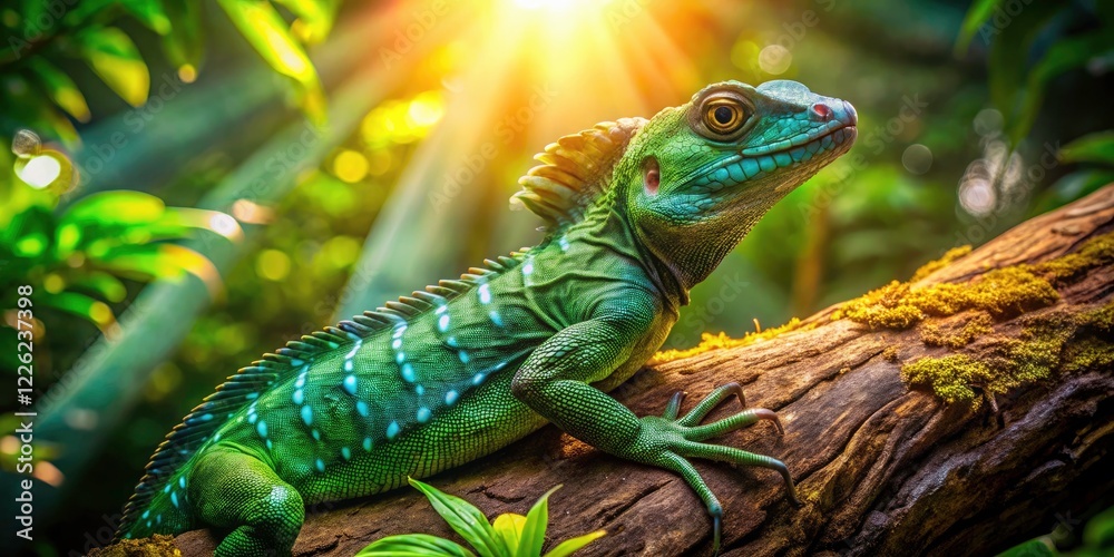Fototapeta premium Aerial Jungle Basilisk Lizard Photography: Stunning High-Angle View of Reptile on Tree Trunk