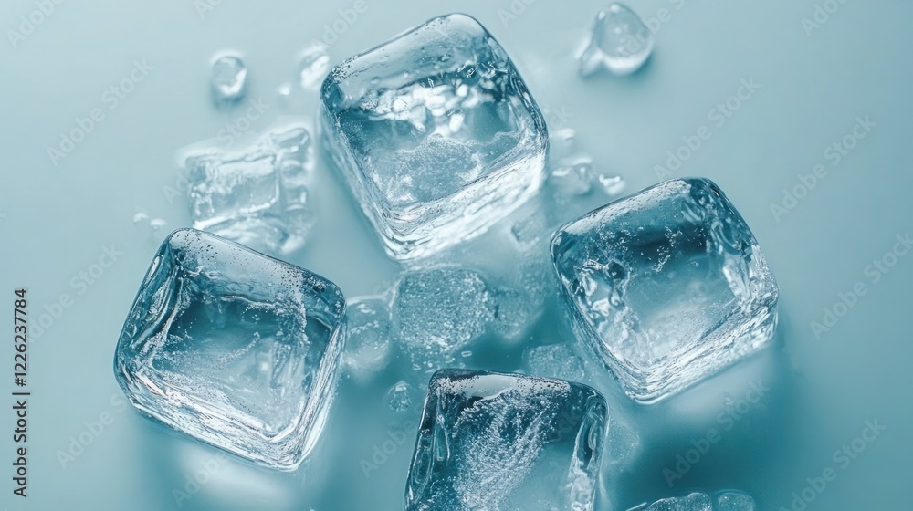 Close-up of several melting ice cubes on a blue background. Close-up of several melting ice cubes on a blue background.