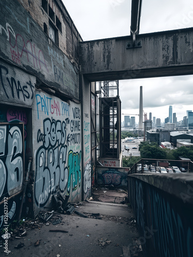 Explore decaying urban landscapes through photography: graffiti-covered walls, industrial ruins, and haunting cityscapes. photo