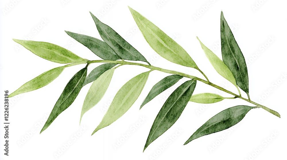 Graceful Willow Branch Watercolor Painting with Delicate Green Leaves Graceful Willow Branch Watercolor Painting with Delicate Green Leaves