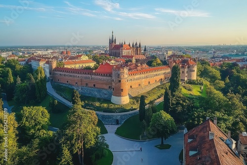 Aerial View of Medieval Castle and Old City with Green Trees and Blue Sky