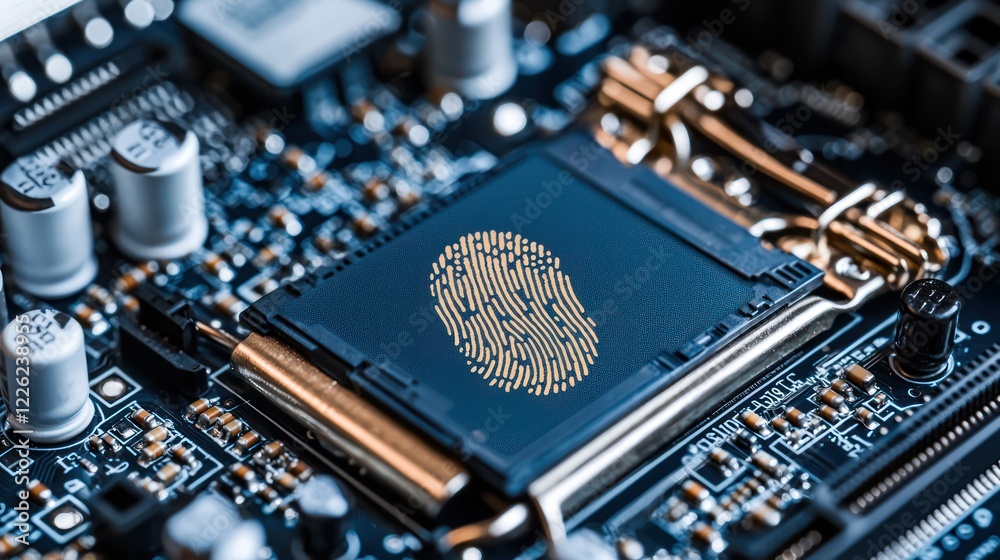 A close-up of a circuit board featuring a fingerprint sensor for biometric security. A close-up of a circuit board featuring a fingerprint sensor for biometric security.