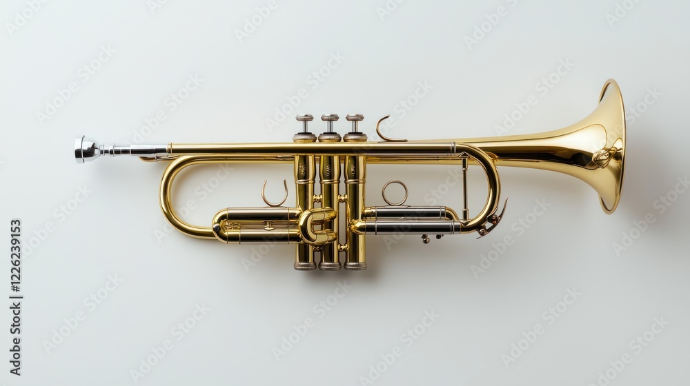 Fototapeta premium A shiny brass trumpet displayed on a white background, highlighting its musical design.