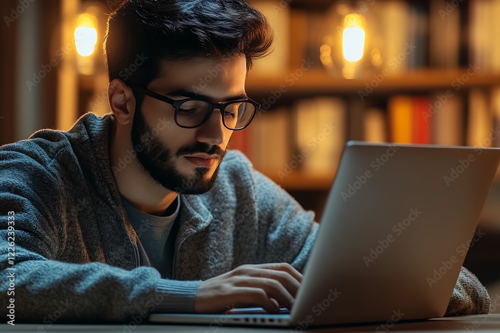 Focused Young Man Using Laptop in Cozy Library Setting with Bookshelf Background : Generative AI Focused Young Man Using Laptop in Cozy Library Setting with Bookshelf Background : Generative AI