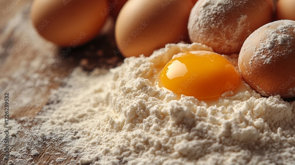 Closeup of bakery ingredients with egg yolk nestled in flour dusted surface : Generative AI Closeup of bakery ingredients with egg yolk nestled in flour dusted surface : Generative AI