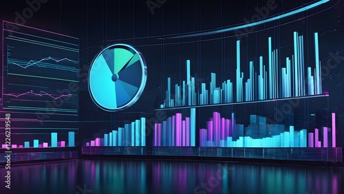 Abstract 3D rendering of glowing neon bar charts, line graphs, and pie charts illustrating data visualization and financial analysis.