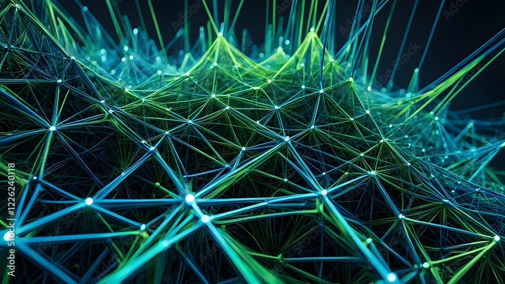 Abstract 3D rendering of a complex network structure with glowing nodes, ideal for technology, connection, and data visualization concepts.