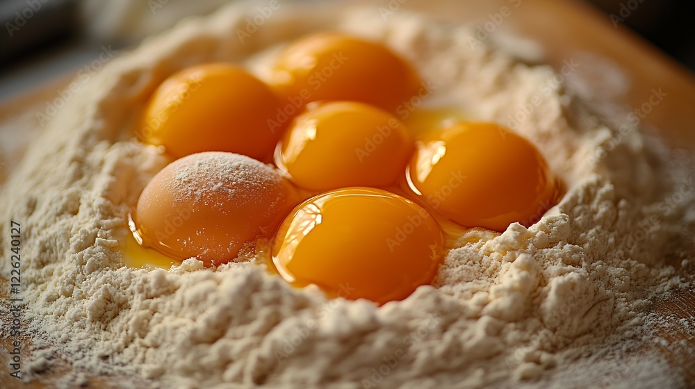 Fresh Egg Yolks Nestled in Flour on Wooden Surface for Baking Preparation : Generative AI Fresh Egg Yolks Nestled in Flour on Wooden Surface for Baking Preparation : Generative AI