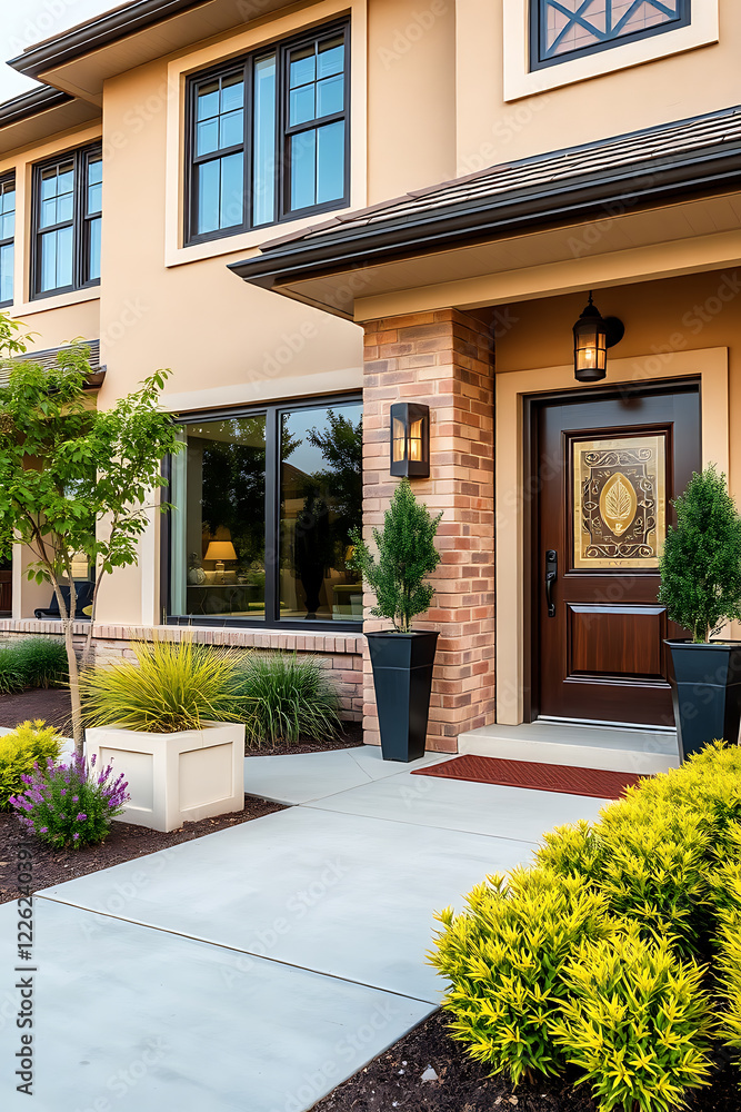 Obraz premium Luxury Home Exterior: Modern Brick House with Landscaped Entrance and Pathway