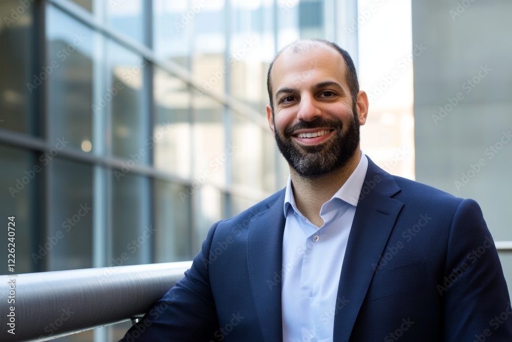 Fototapeta premium Professional man smiling confidently while leaning against a railing in a modern urban setting during daytime