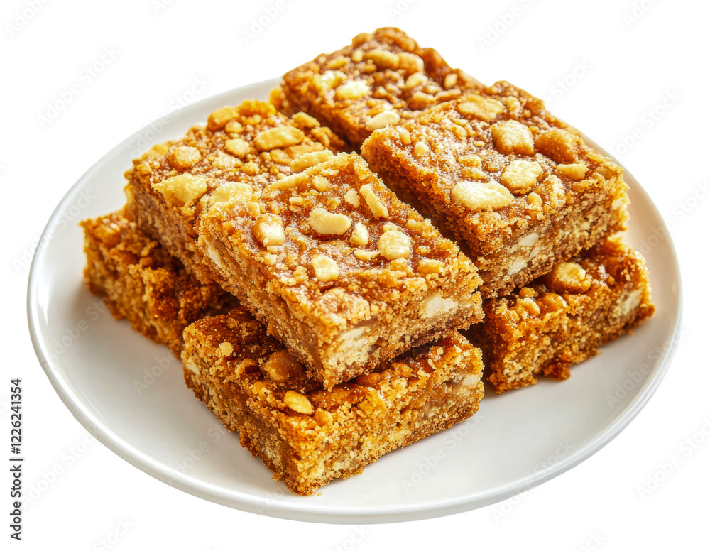Delicious peanut butter bars on a white plate isolated on transparent background Delicious peanut butter bars on a white plate isolated on transparent background