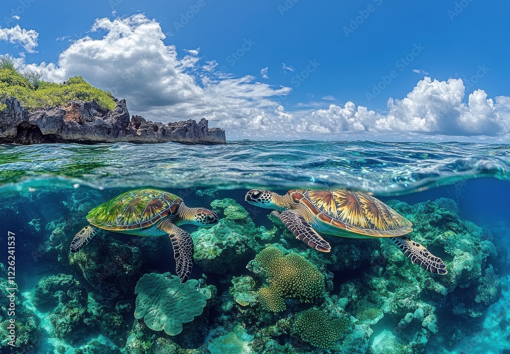 Fototapeta premium Two Colorful Sea Turtles Swimming Above Vibrant Coral Reef Under Clear Blue Sky in Tranquil Ocean Waters