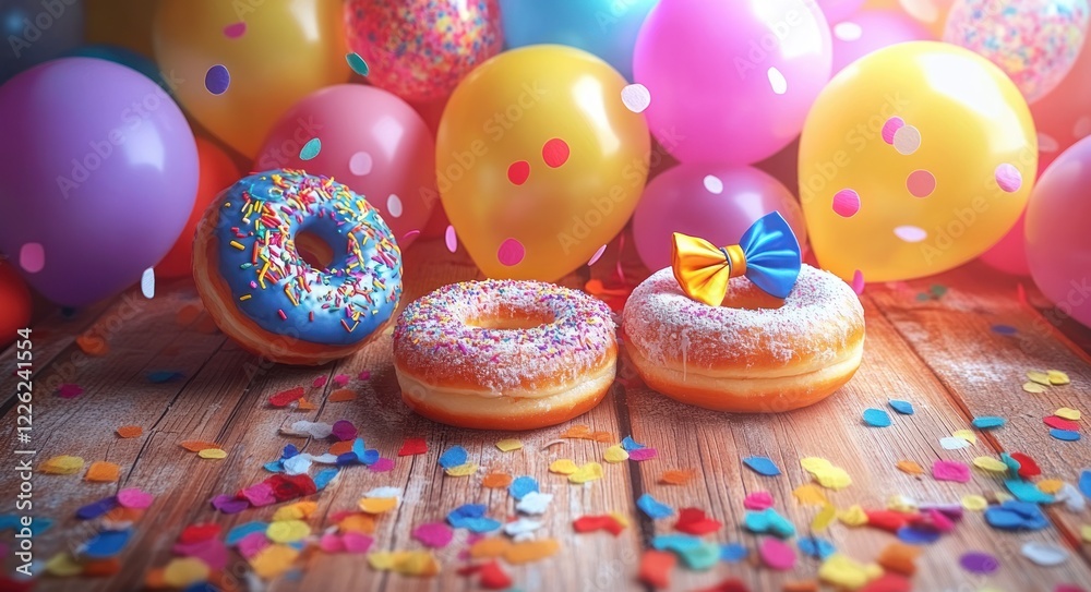 Fototapeta premium Carnival Celebration Background with Colorful Balloons Donuts Fun Clown Accessories Confetti Streamers Cookies Party Invite