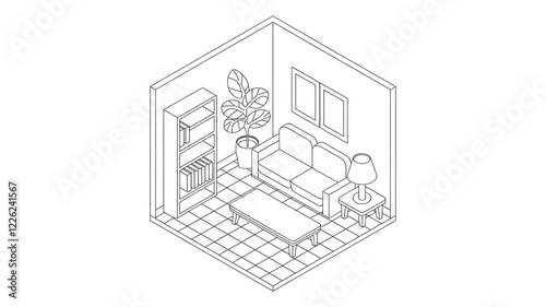 A line art isometric illustration of a living room.