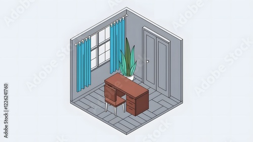 A line art isometric illustration of a room with a desk, chair, and plant.