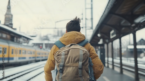 Wallpaper Mural Winter Journey: A lone traveler with a backpack walks away from a train at a snowy station, embarking on a new adventure. Torontodigital.ca