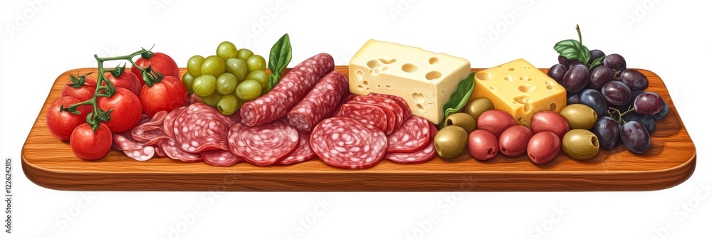 Appetizer platter with salami, cheese, grapes, olives, and tomatoes. Appetizer platter with salami, cheese, grapes, olives, and tomatoes.