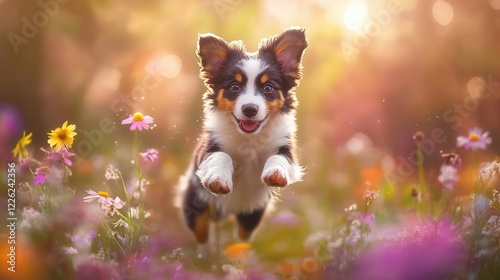 playful australian shepherd puppy midleap in a flowerfilled meadow vibrant fur colors bokeh background professional pet photography photo