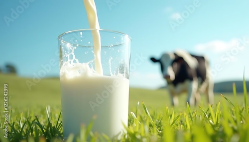 Fresh Milk Pouring Into Glass on Farm photo