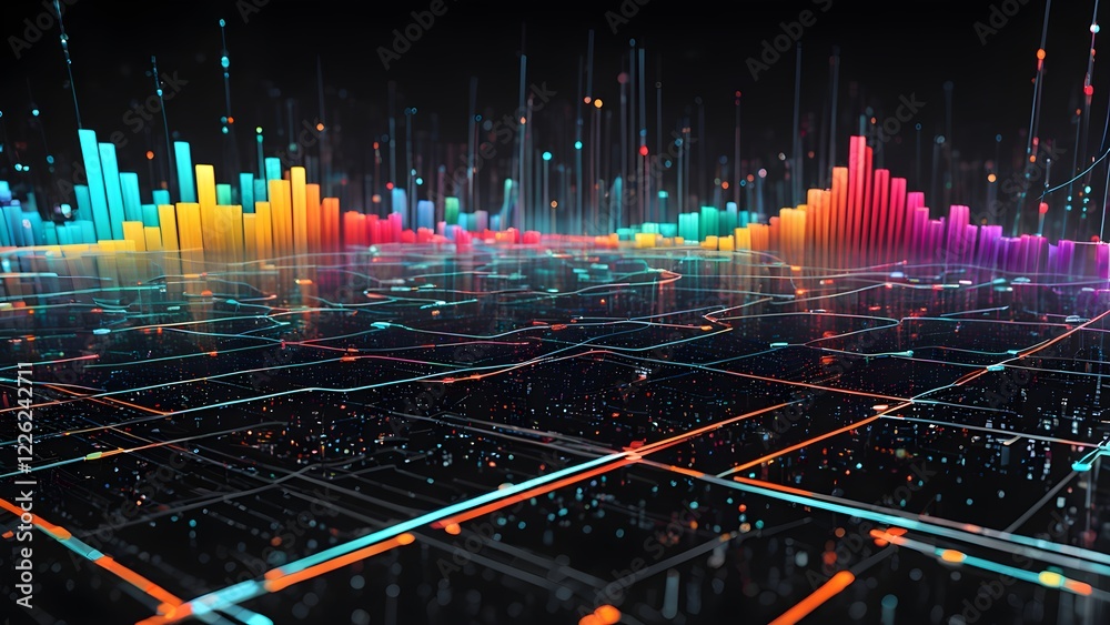 Abstract 3D rendering of a futuristic cityscape with vibrant, colorful data streams and glowing bar graphs, representing digital transformation and data visualization.