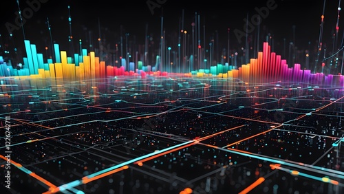Obraz na płótnie Abstract 3D rendering of a futuristic cityscape with vibrant, colorful data streams and glowing bar graphs, representing digital transformation and data visualization. w salonie