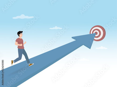 
Seek results, right path to achieve results, target audience, accurate targeting, man running on the arrow to reach the target