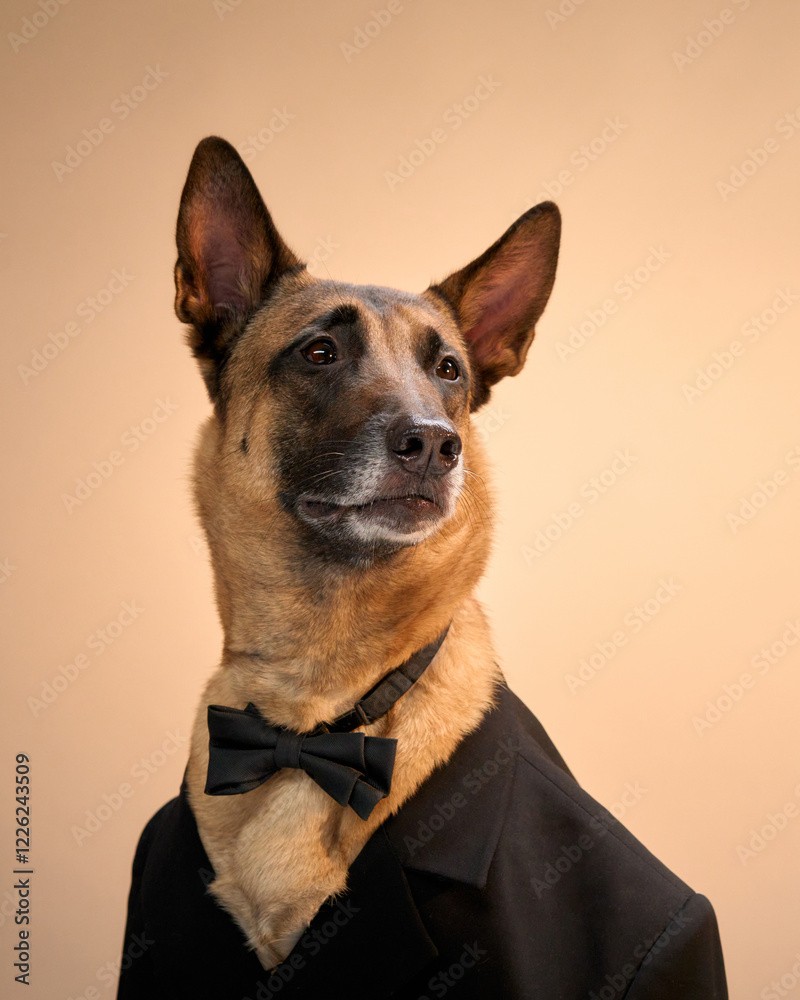 A Belgian Malinois wearing an elegant black suit sits proudly against a neutral background. The poised pose highlights its confident and stylish demeanor. A Belgian Malinois wearing an elegant black suit sits proudly against a neutral background. The poised pose highlights its confident and stylish demeanor.