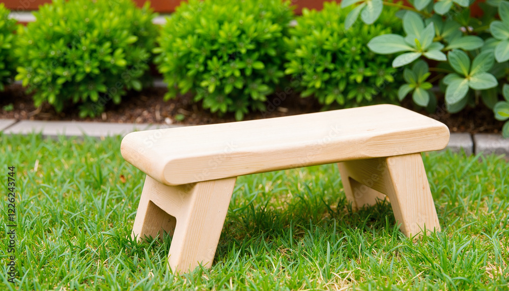 Minimalist garden kneeler on green grass, simplicity in design Minimalist garden kneeler on green grass, simplicity in design