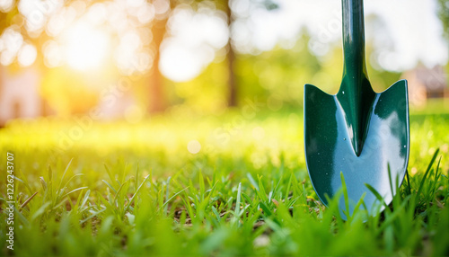 Garden spade resting on green grass field in sunlight, gardening tool