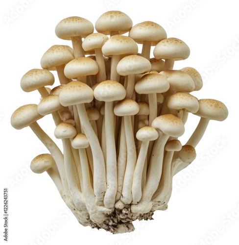 Cluster of white mushrooms growing in nature isolated on transparent background