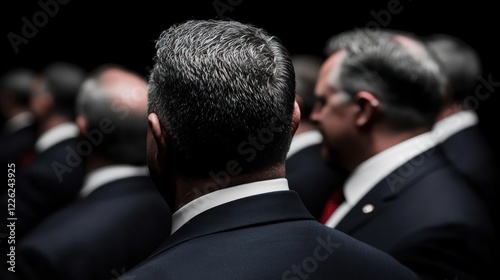A group of men in suits, viewed from behind, creating a sense of uniformity and anonymity.