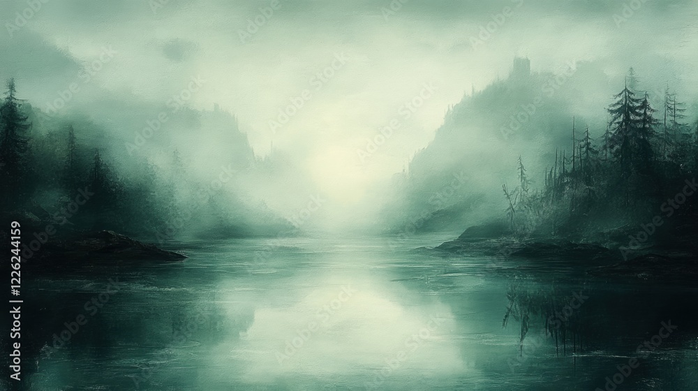 Misty reflections of a tranquil lake surrounded by dark mountains and trees during twilight Misty reflections of a tranquil lake surrounded by dark mountains and trees during twilight