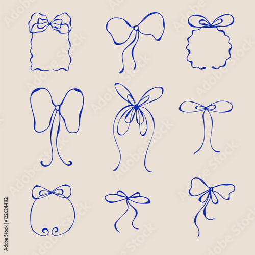Vintage set of bows made of thin elegant blue ribbons on a beige background. Vector illustration for for wedding, birthday invitations party.