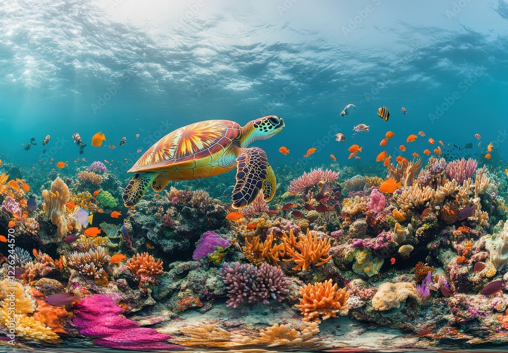 Fototapeta premium Vibrant Coral Reef Ecosystem with Colorful Marine Life and Majestic Sea Turtle Swimming in Clear Blue Waters
