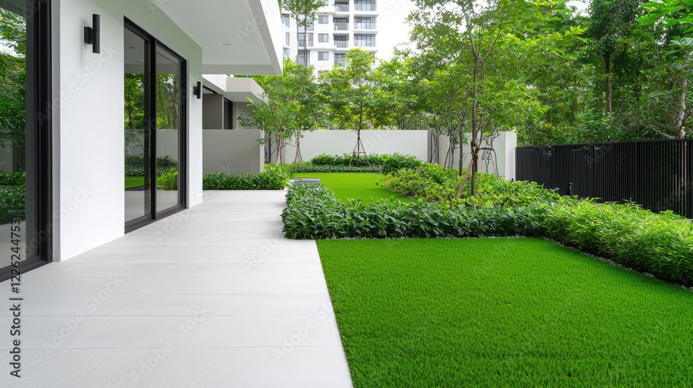Naklejka premium Modern condo patio, lush garden, city view; real estate