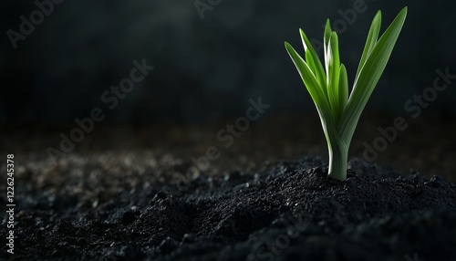 Leek replant on soil growing from cutting tree trunk on dark background