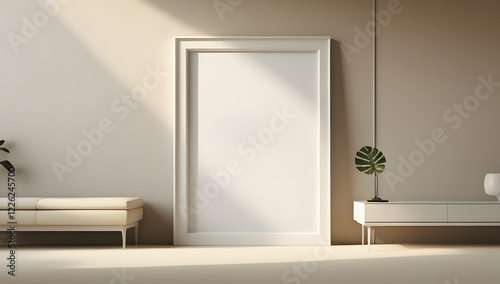 wooden picture frame mounted on the floor mock up design copy space home interior	