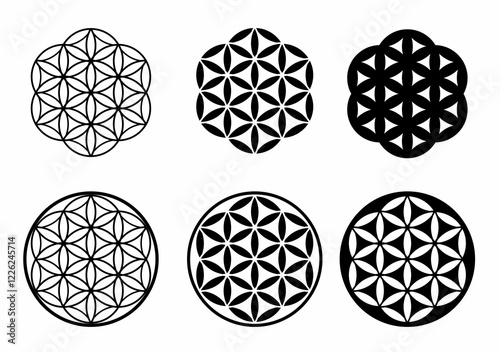 Sacred geometry vector set, flower of life symbols, black and white geometric patterns, spiritual mandala design, mystical esoteric art, symmetrical abstract shapes, vector icons.