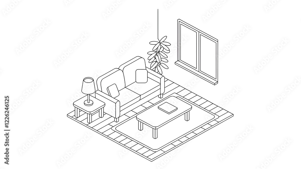 Fototapeta premium A line art isometric illustration of a room with a sofa, a coffee table, a lamp, and a plant.