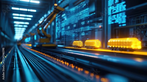 Automated factory Robotic arms move glowing cargo on conveyor belt, digital display shows production data. Use Industrial automation
