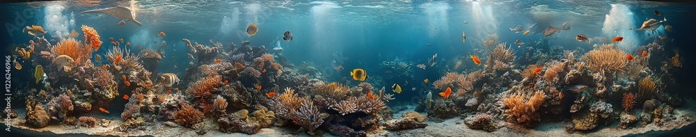 Fototapeta premium Vibrant Underwater Coral Reef Scene with Diverse Marine Life and Sunlight Streaming Through Clear Ocean Water