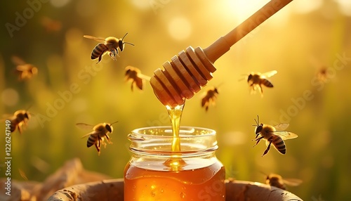 Golden Honey Harvest Bees Pouring Sweet Honeycomb