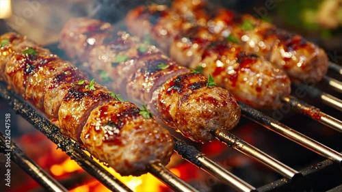 Delicious Grilled Meat Skewers with Herbs Smoky Barbecue Feast for Outdoor Cooking and Fire Lovers, Perfect for Kebabs and Gatherings