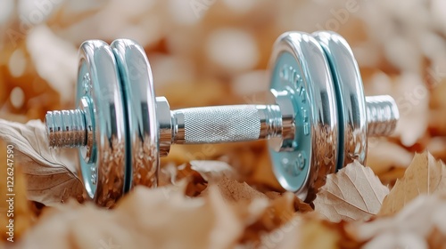 A shiny dumbbell rests on a bed of autumn leaves, highlighting fitness amidst nature.
